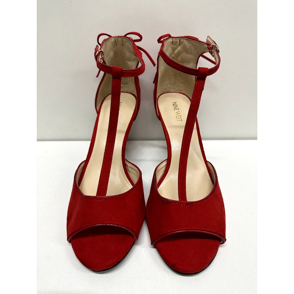 Nine West Grennan women size 11 M red faux suede T-strap heel buckle sandals